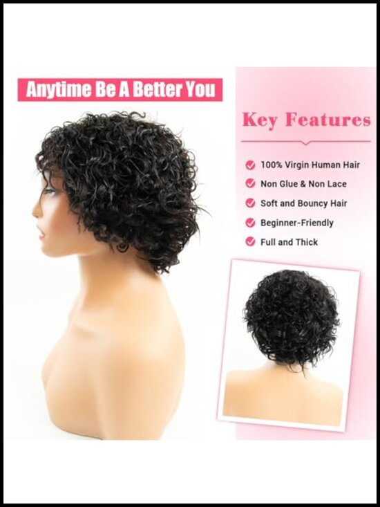 100% Human Hair Pixie Cut Wig Short Bob Glueless Wavy main image 5